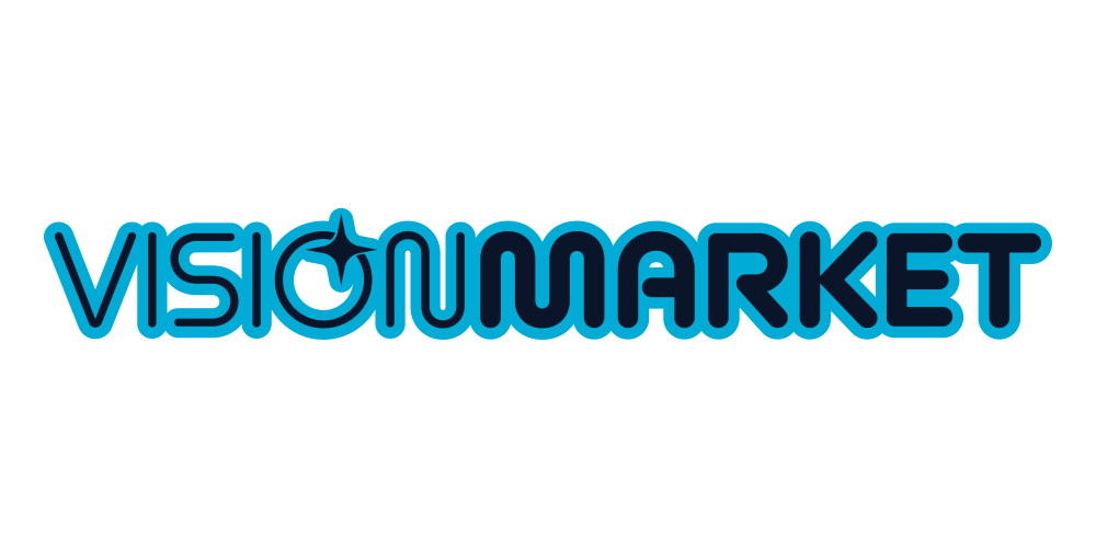 Neon-style blue logo reads "Vision Market" with a compass symbol integrated into the letter "O"