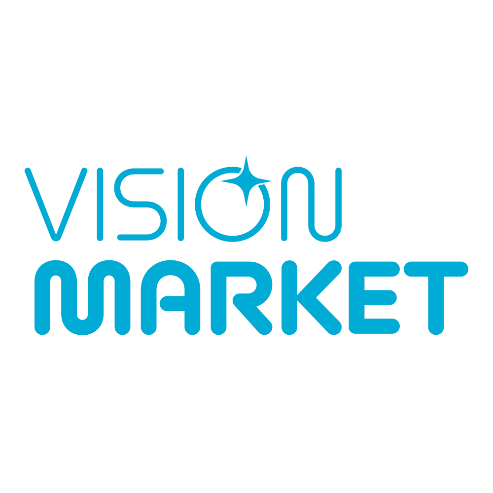 Stylized logo for Vision Market with a black background, featuring the words "VISION MARKET" in blue, with a star-like symbol in place of the dot in the letter "I" in "VISION".
