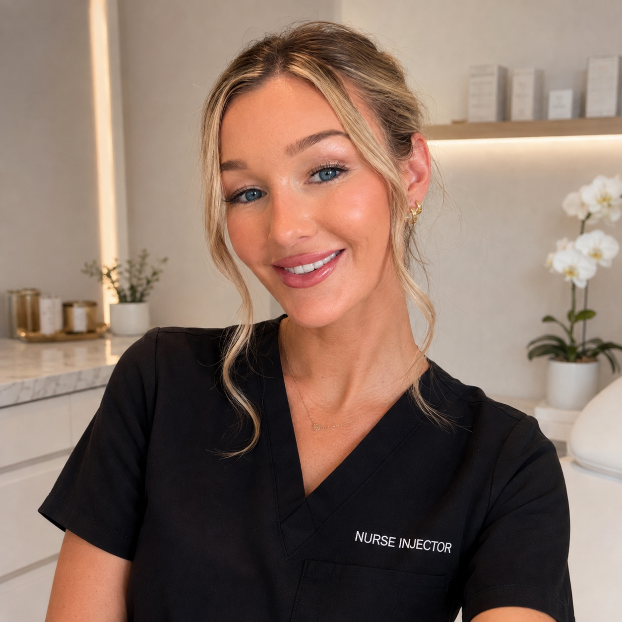 A smiling woman with blonde hair styled in loose waves, wearing a black nurse injector uniform, standing in a modern, minimalistic clinic with white cabinets, a marble countertop, and decorative plants.