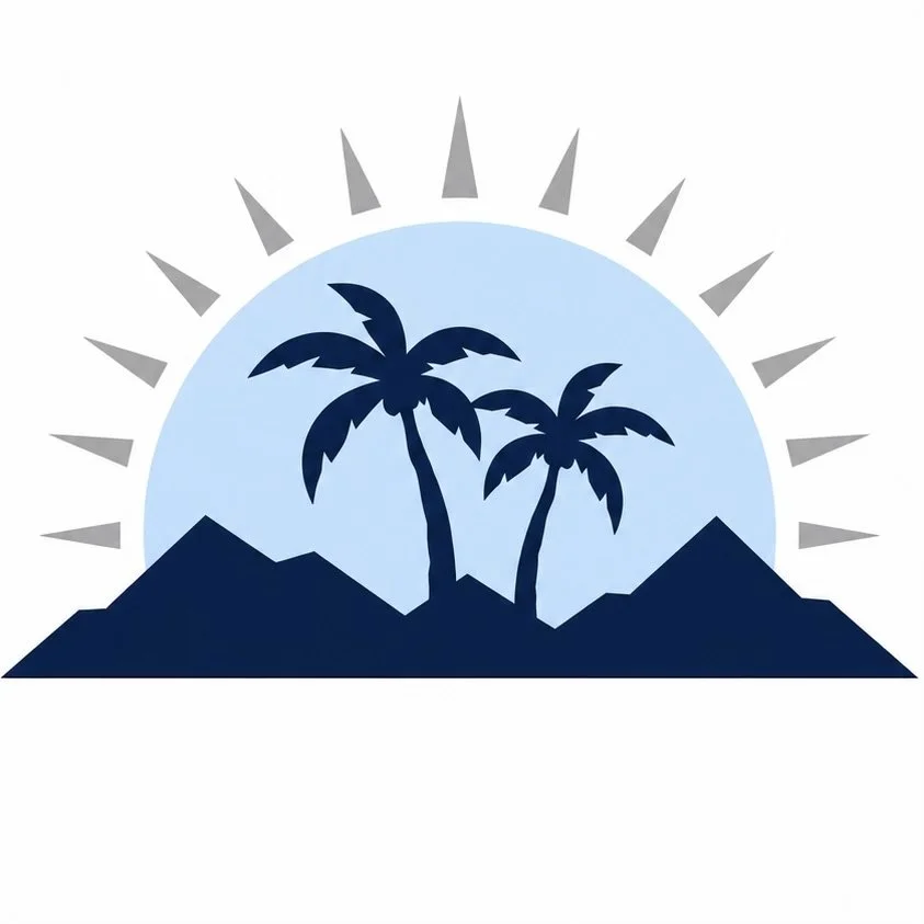 Sunset with two palm trees, mountains, and rays of sunlight in shades of blue and gray.