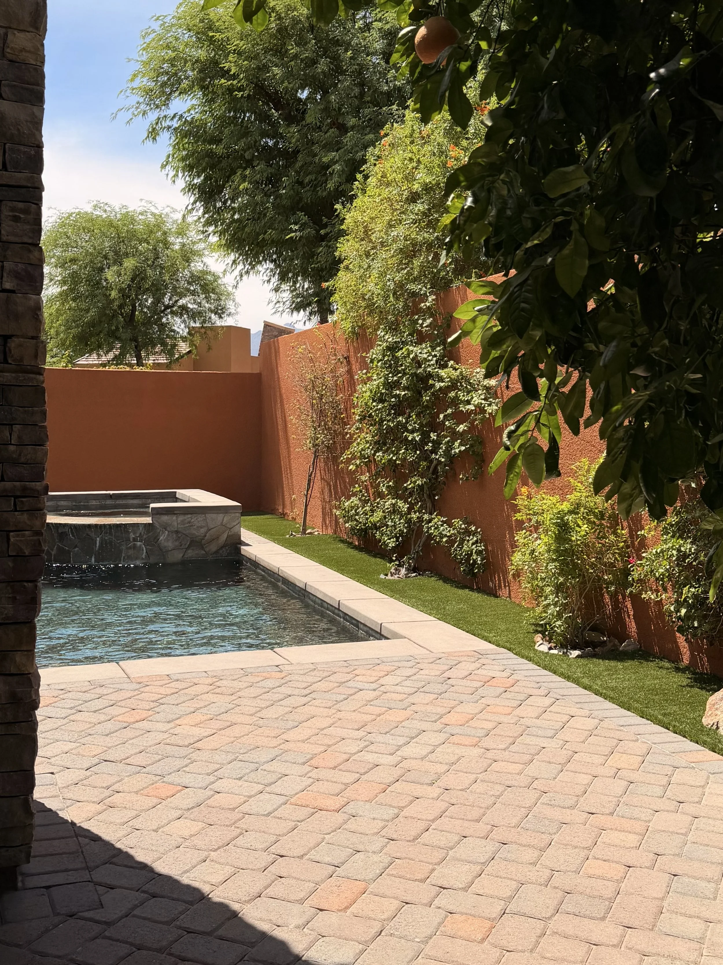 Backyard with a swimming pool, brick patio, orange wall, and a fence. Trees and bushes provide shade and greenery.