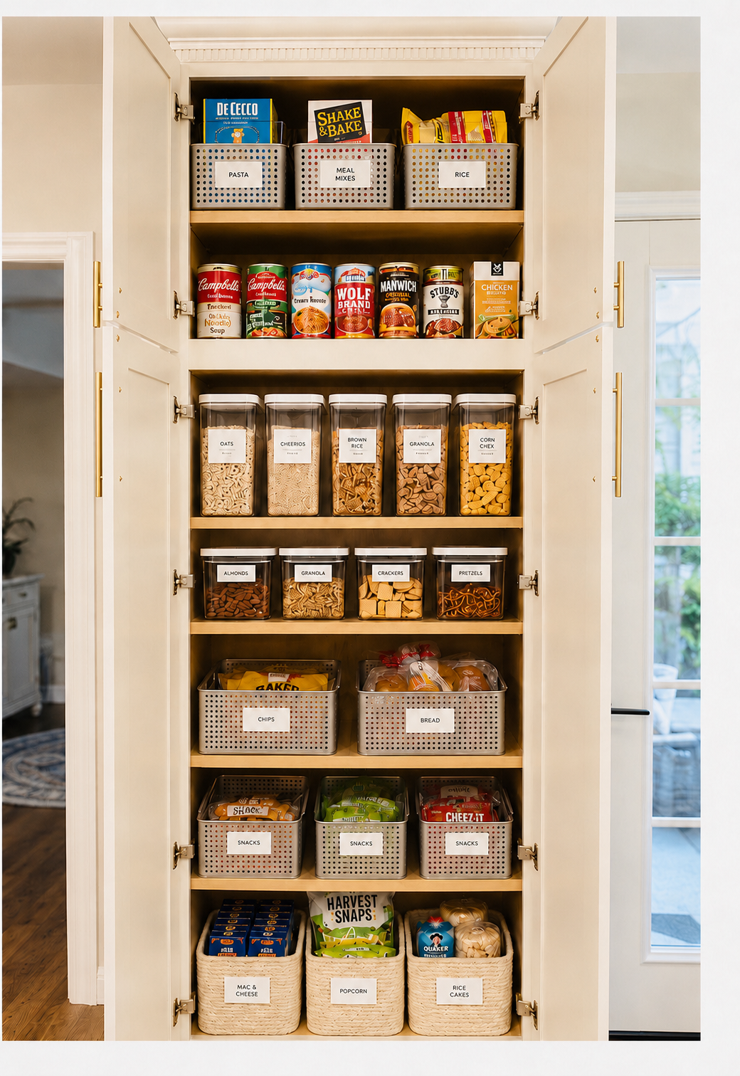 A pantry cabinet filled with labeled containers and boxes of various food items. The top shelf has baskets labeled "Pasta," "Meal Mixes," and "Rice," with boxes and packets inside. Below, there are cans of soup and food items. Further down, clear containers hold oats, cheerios, brown rice, granola, and corn chex. Additional containers contain almonds, crackers, pretzels, chips, bread, snacks, and seasonal items like mac and cheese, popcorn, and rice cakes.