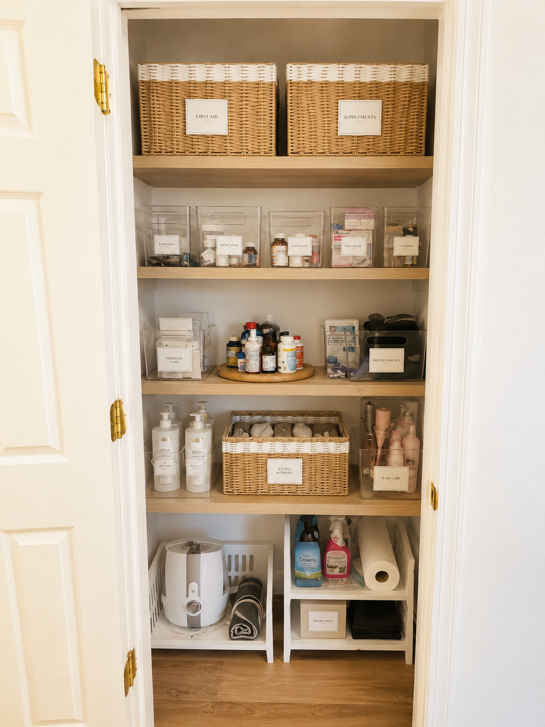 A well-organized medical cabinet with wicker baskets labeled for first aid, supplements, feminine care, extra supplies, and hair care. Contains medication bottles, health supplies, and a humidifier.