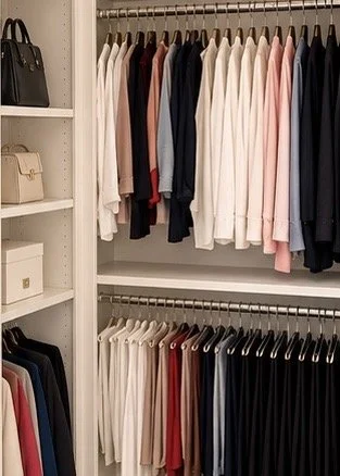 Closet with two rows of hanging shirts in various colors, along with shelves on the side containing handbags and boxes.