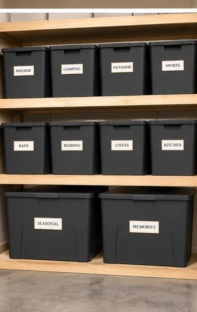 Black storage bins labeled with various categories on a wooden shelf, including holiday, camping, outdoor, sports, bath, bedding, linens, kitchen, seasonal, and memories.