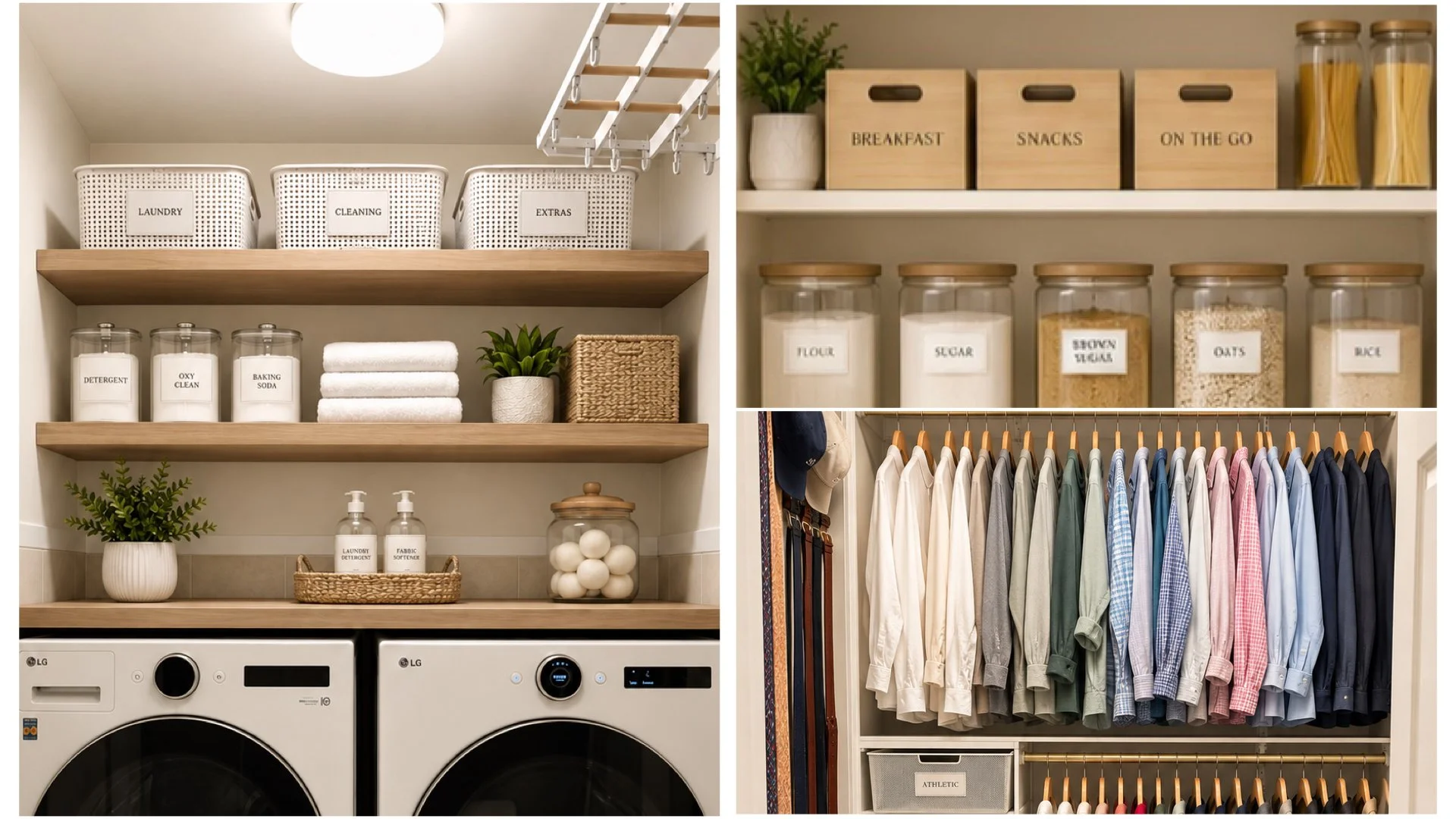 Organized laundry room and closet with labeled storage bins, shelves with detergent, towels, dry goods, and hanging clothes.
