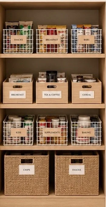 Pantry shelf with labeled baskets and boxes containing snacks, breakfast items, bars, kids' items, supplements, baking supplies, chips, and additional snacks.
