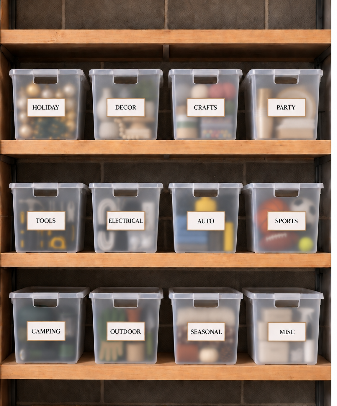 Shelf with labeled plastic bins containing various items, organized into categories such as holiday, decor, crafts, party, tools, electrical, auto, sports, camping, outdoor, seasonal, and miscellaneous