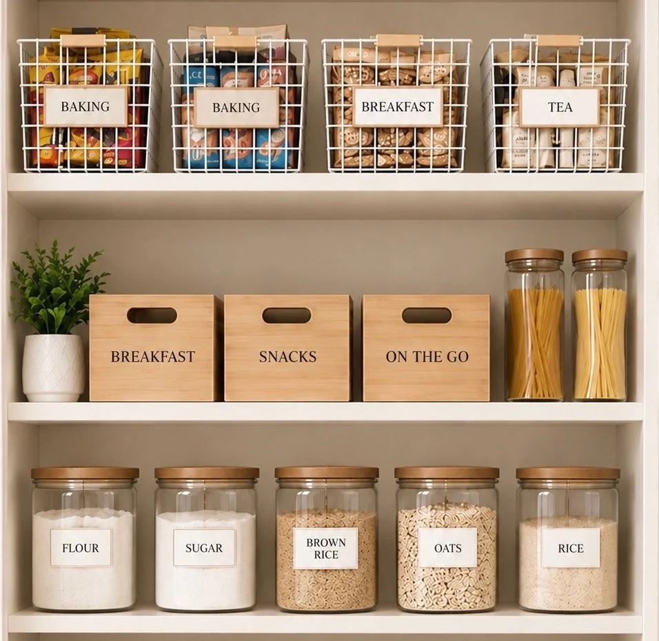 Kitchen pantry with labeled storage baskets and jars of baking ingredients and dry foods.