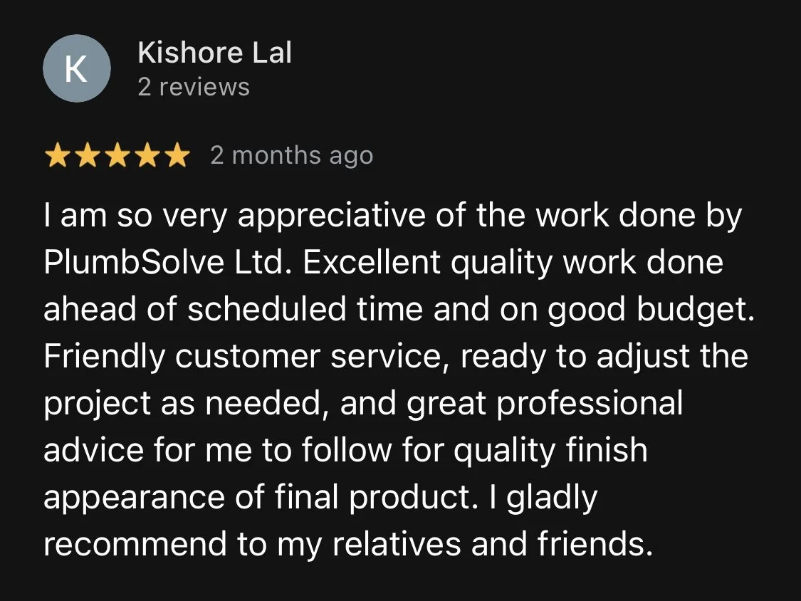 Screenshot of a positive customer review for PlumbSolve Ltd., praising their quality work, professionalism, and customer service.