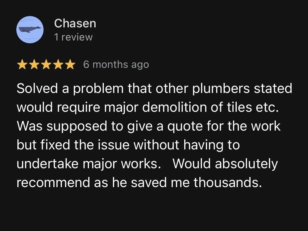 Screenshot of a five-star review by a customer, praising a plumber for solving a problem without major demolition, saving money, and giving a positive recommendation.