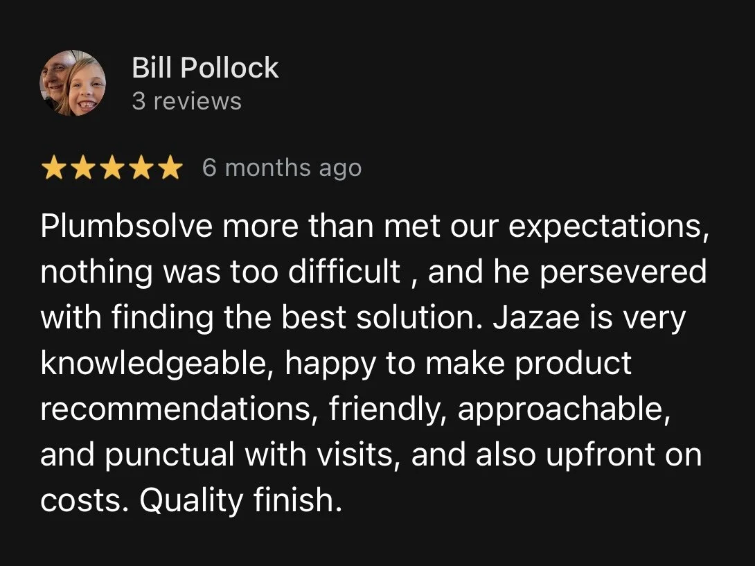 Screenshot of a Google review for a service, with a 5-star rating from, praising the service provider for their problem-solving skills, product recommendations, friendliness, punctuality, honesty about costs, and quality of work.
