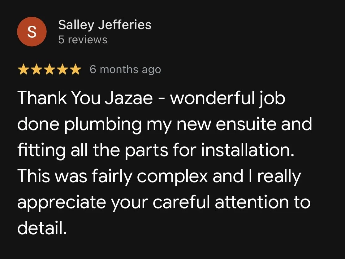 Screenshot of a 5-star online review praising a plumber for doing a complex plumbing job on a new house with attention to detail.