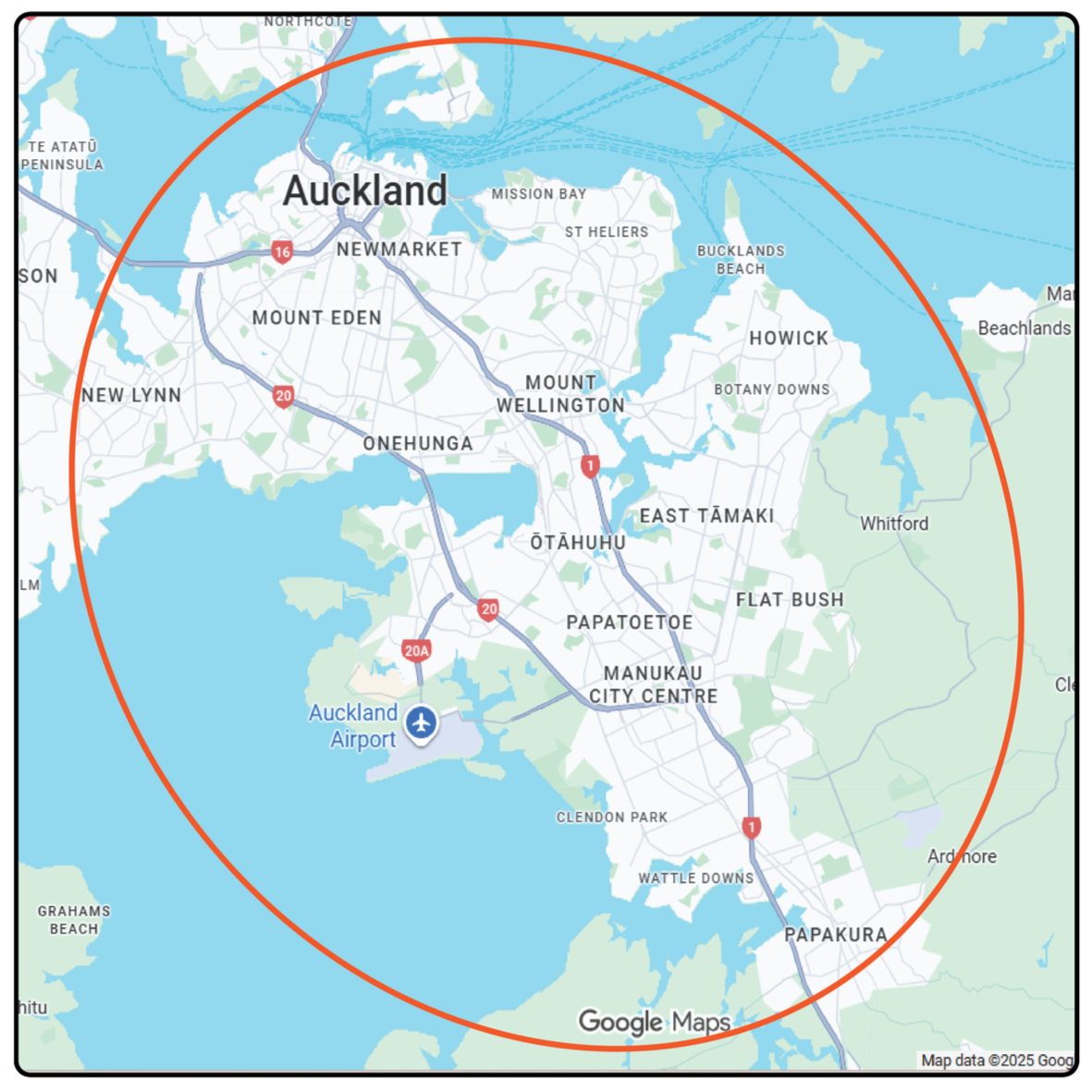 Map of Auckland, New Zealand, showing city neighborhoods, roads, and Auckland Airport, enclosed within an orange circle.