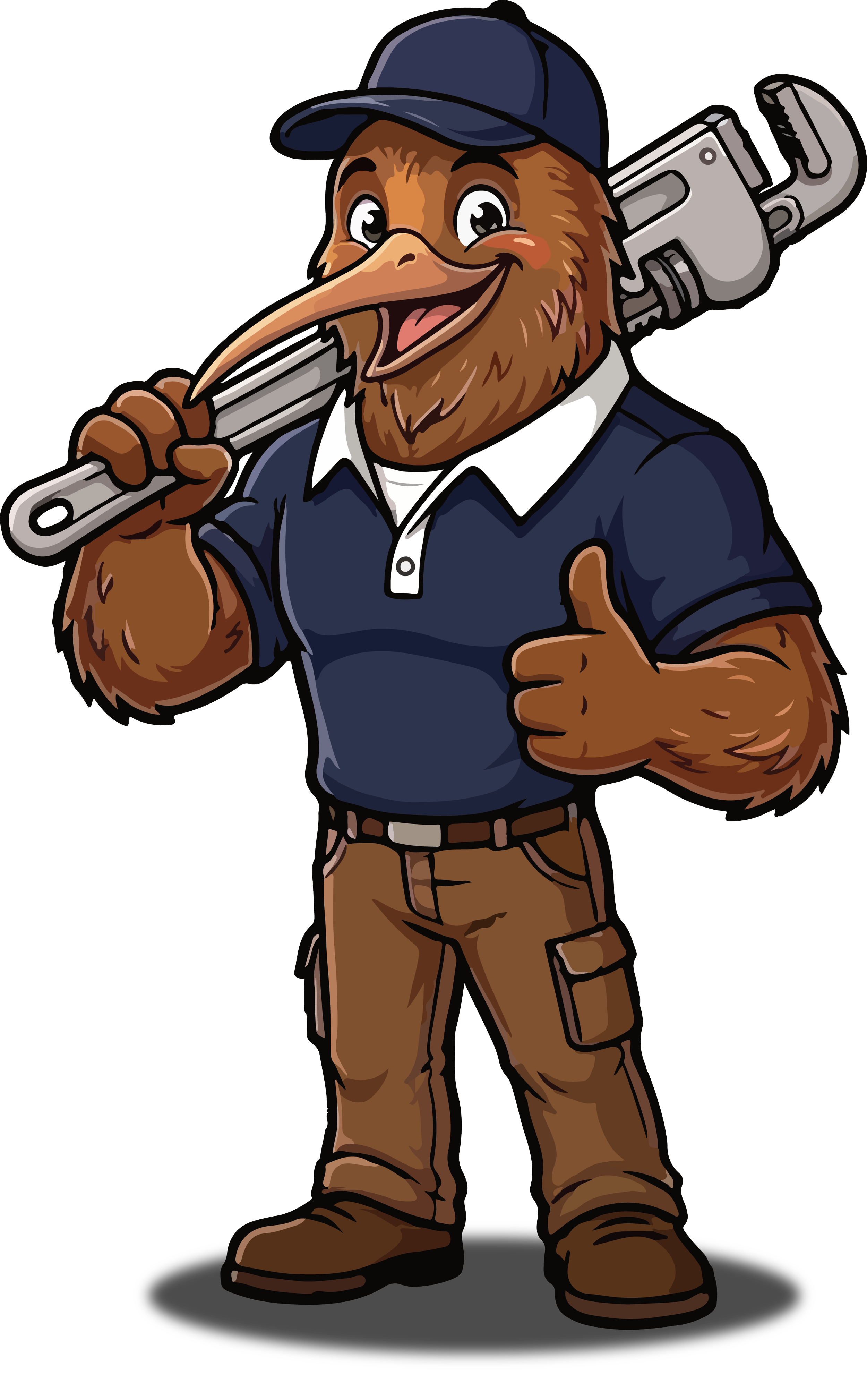 Cartoon lumberjack character with a bird beak and face, wearing a blue cap, blue shirt, brown pants, and boots, holding a large pipe wrench and giving a thumbs-up.