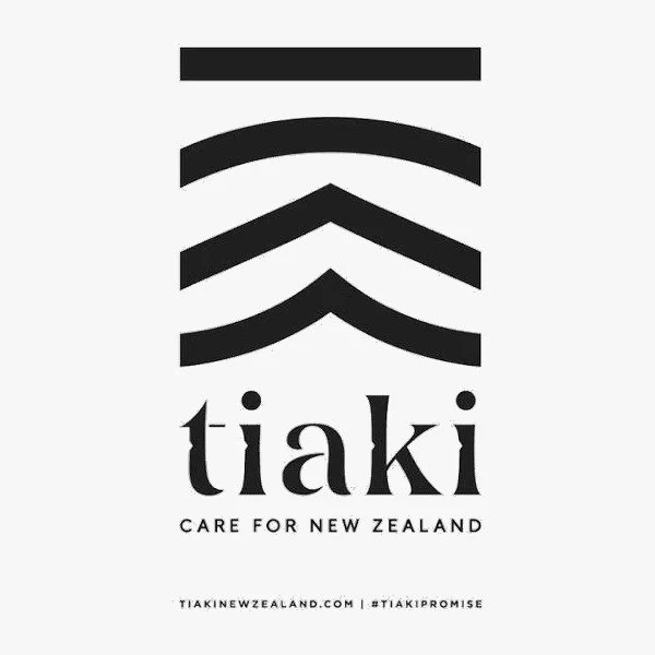 Logo with stylized horizontal lines and the text "tiaki" beneath, followed by "Care for New Zealand" and website URL.