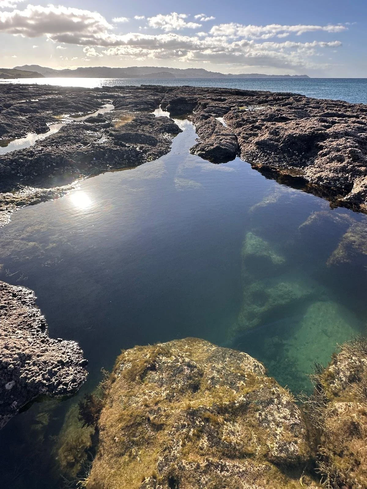 Rocky coastline with tide pools reflecting the sky, with a distant view of the ocean under partly cloudy skies.