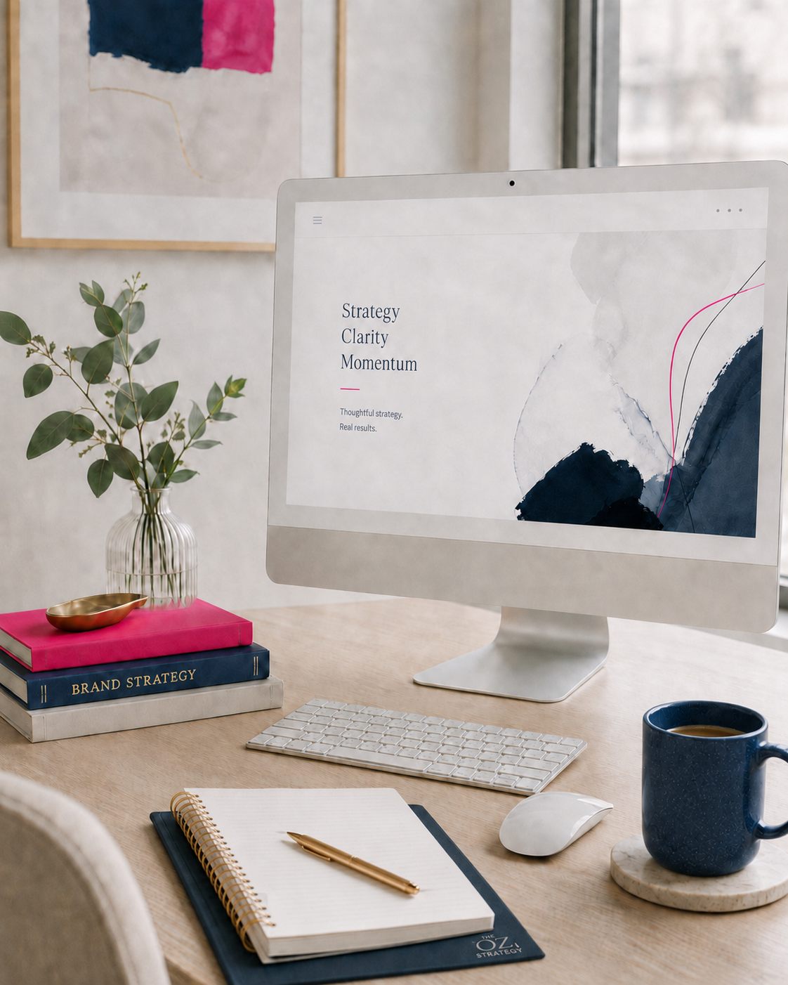 A tidy office desk with a computer monitor displaying the words 'Strategy, Clarity, Momentum'. The desk has a notebook with a gold pen, a blue coffee mug, a stack of books including 'Brand Strategy', and a small gold bowl. There is a vase with green leaves on the desk, and a framed abstract artwork hangs on the white wall behind.