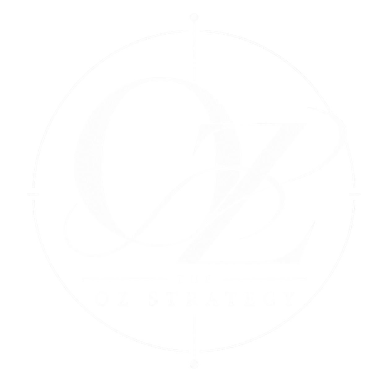 Black and white logo with a large stylized letter 'Z' overlaying a crescent moon and star, encircled by a target-like ring. Below, the words 'OZ STRATEGY' are displayed.
