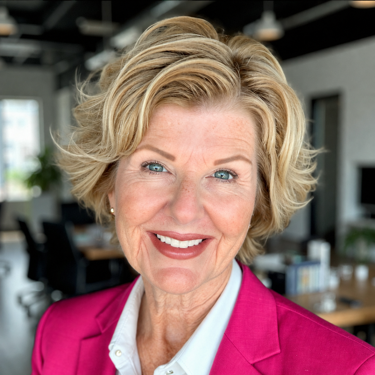 Portrait of Cindi Callahan, founder of The Oz Strategy, wearing a fuchsia blazer in a professional office setting.