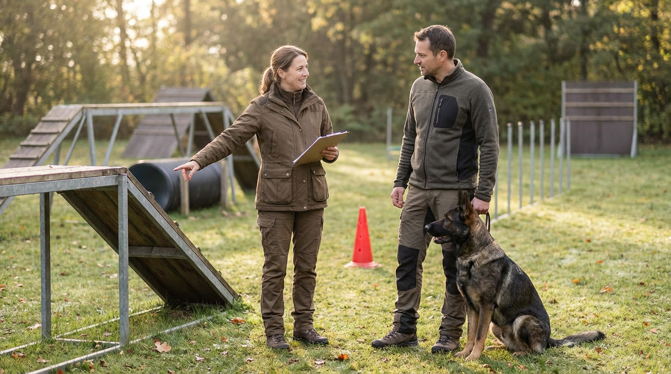 A woman and a man talking outdoors with a German Shepherd dog, in a dog training or agility course.