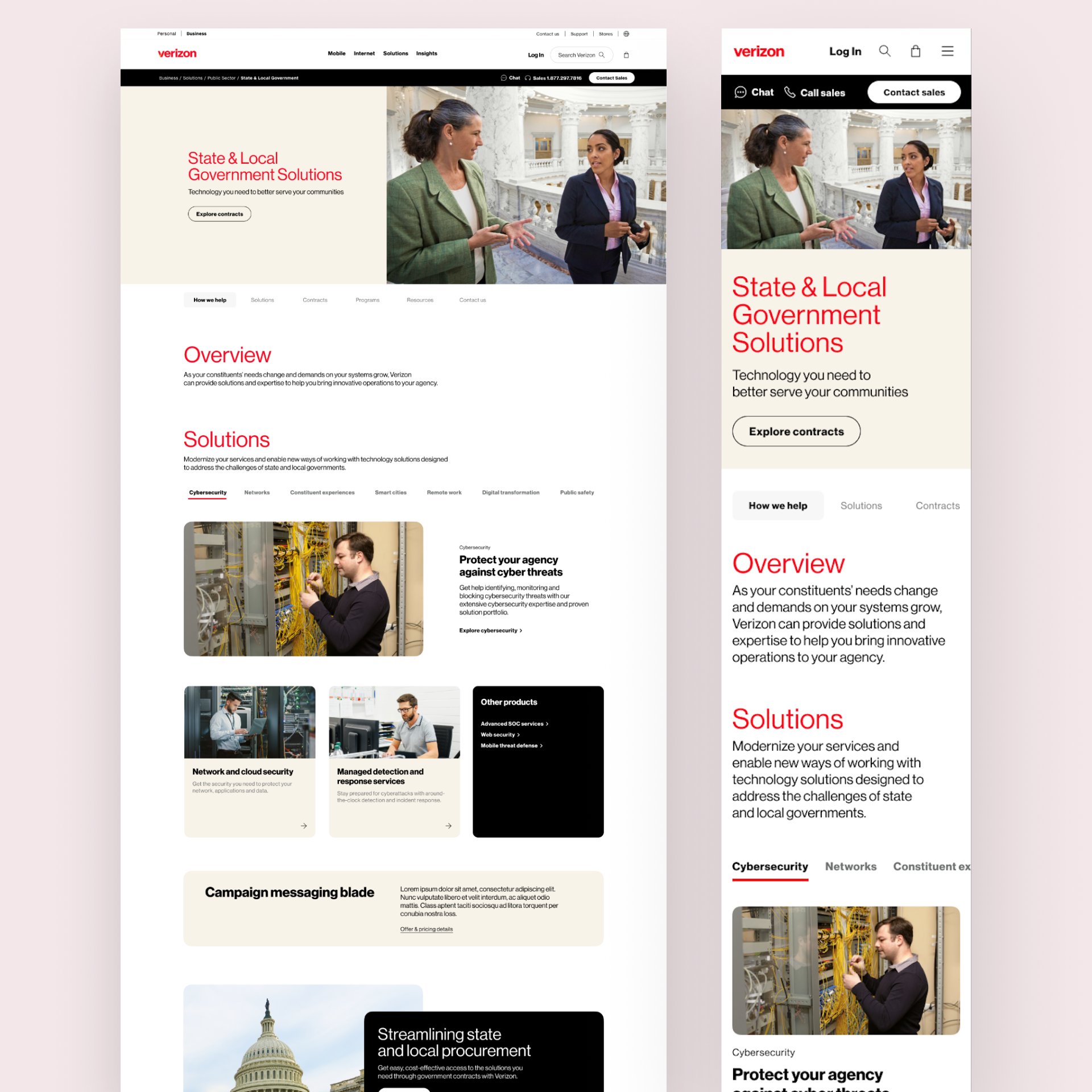 Screenshots of Verizon's website homepage showcasing solutions for state and local government, featuring images of women discussing and working on technology infrastructure, with sections on cybersecurity, network security, and digital transformation.
