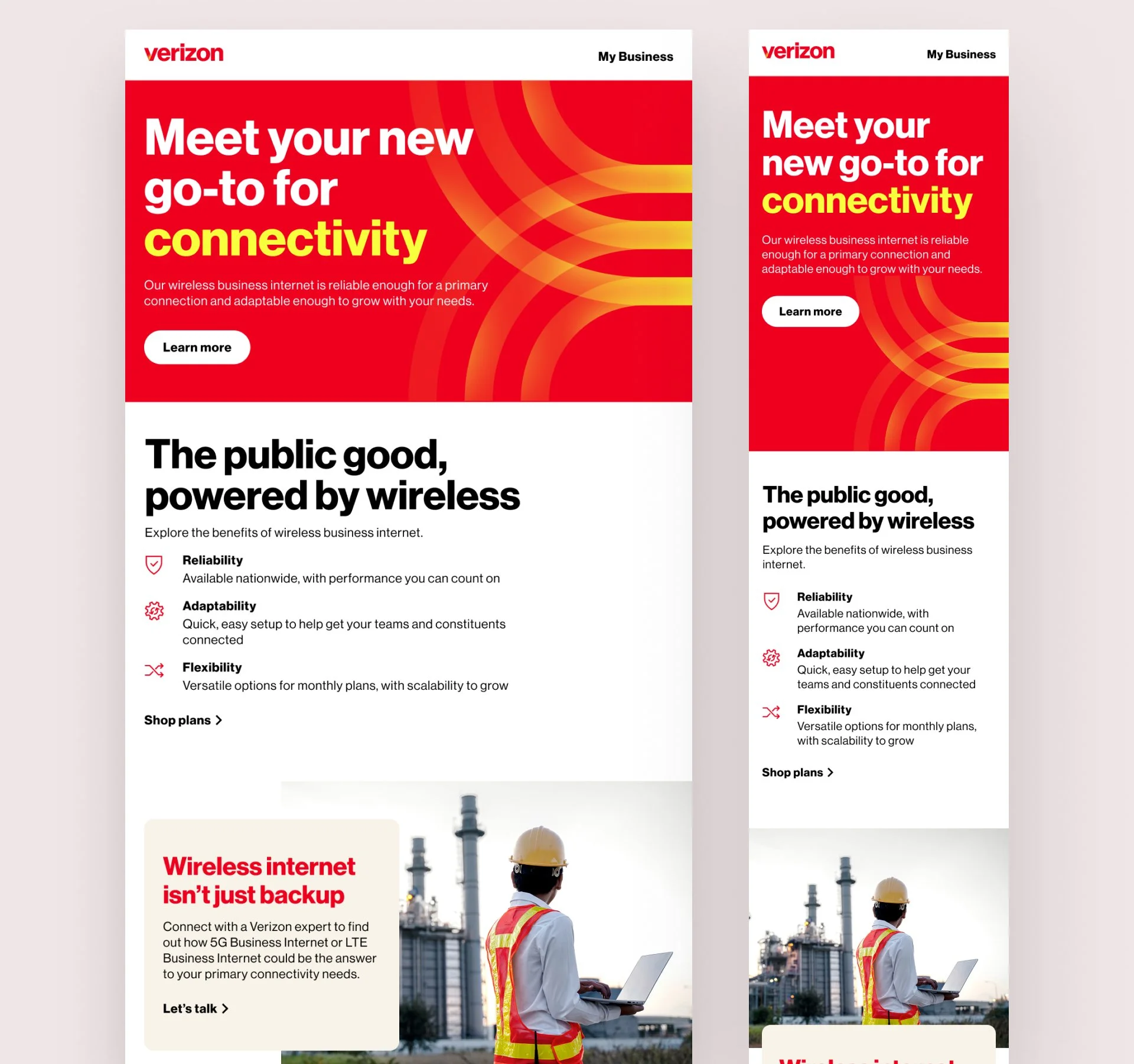 Two digital advertisements for Verizon business internet services with red backgrounds and yellow text, featuring a woman in a safety vest with a cityscape and industrial buildings in the background.