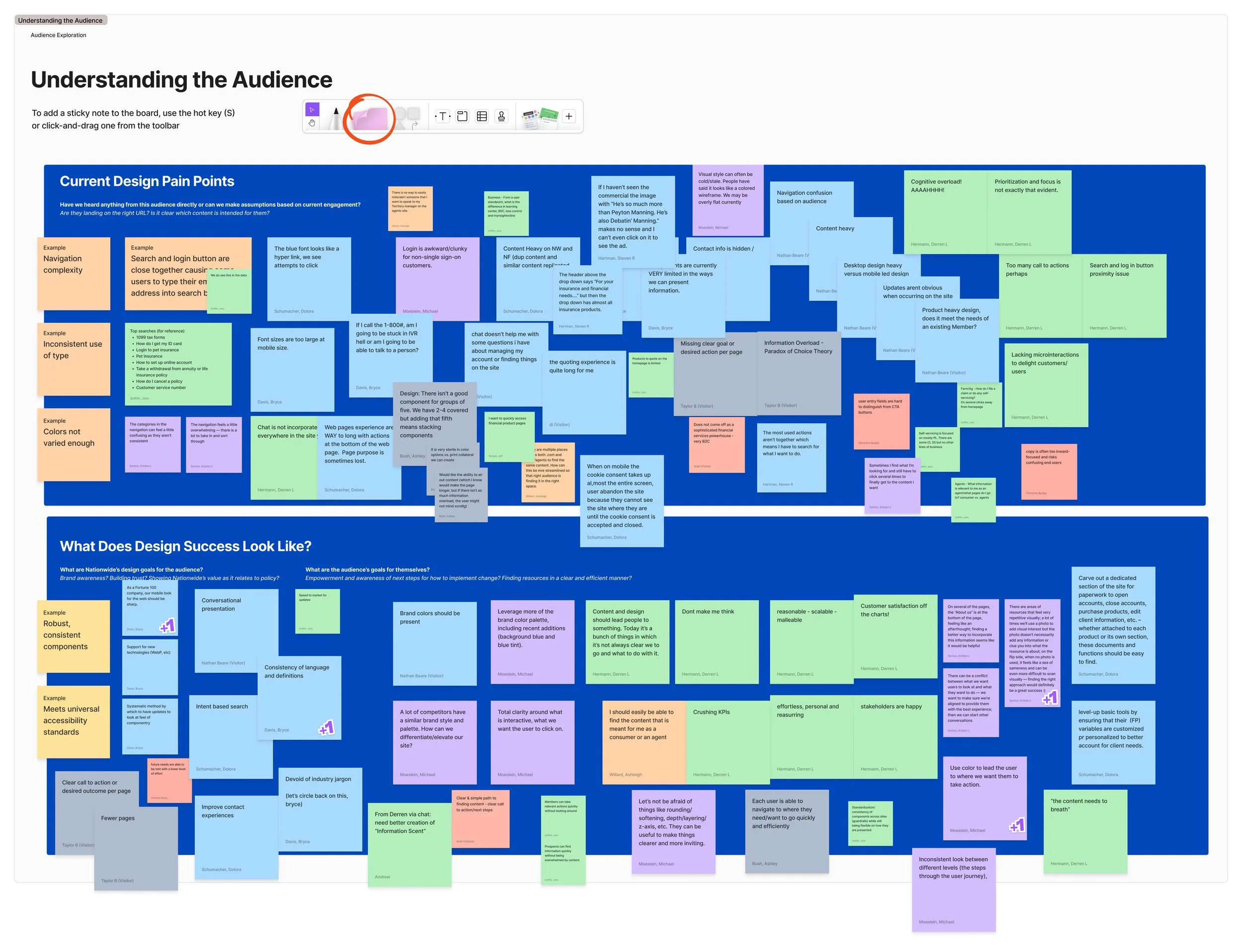 Screenshot of a presentation slide titled "Understanding the Audience" with various colored sticky notes displaying comments and suggestions about design, content, and user experience. The notes discuss challenges such as navigation complexity, interface inconsistencies, and content overload.