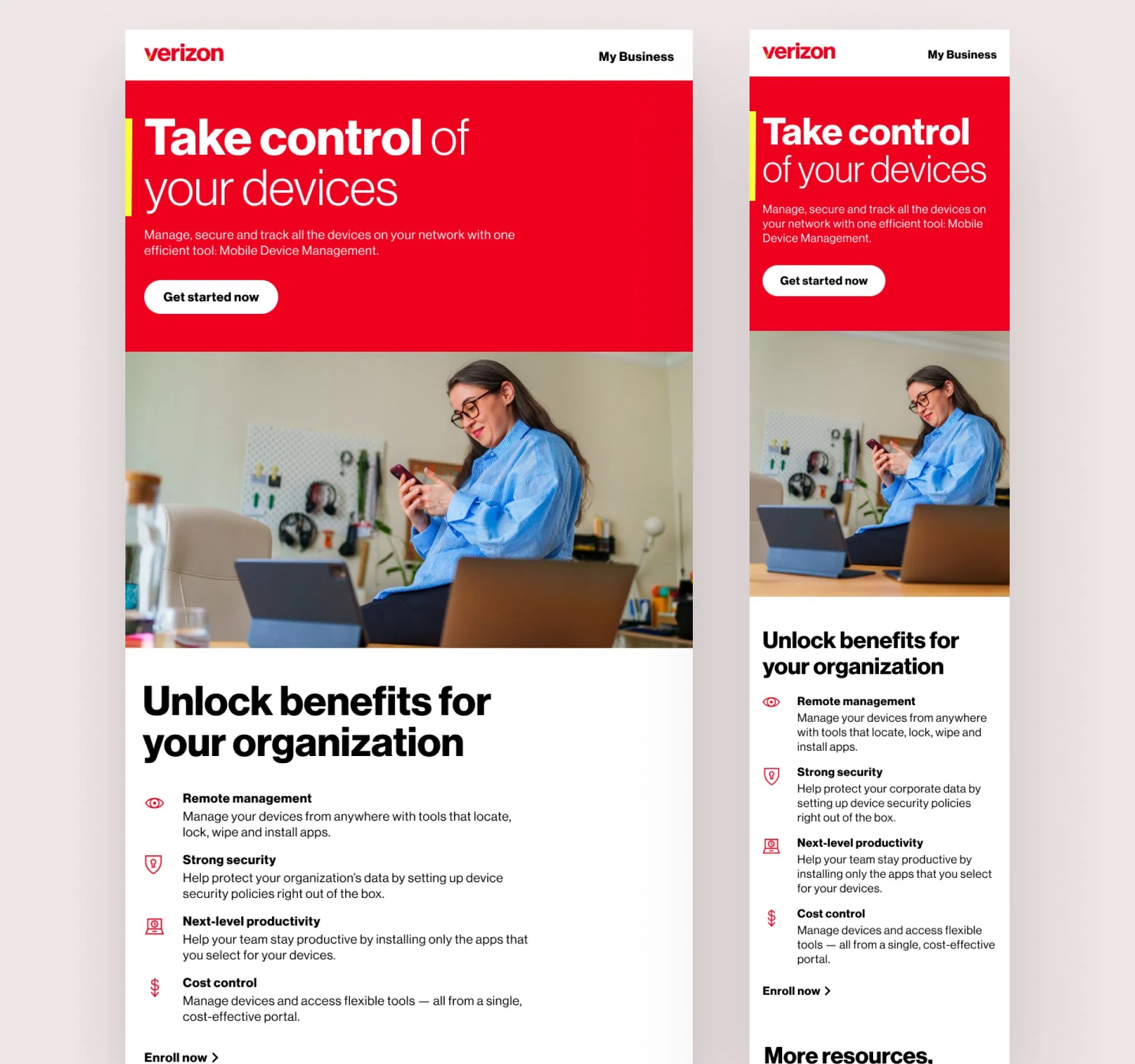 Comparison of two digital marketing flyers from Verizon promoting device management and security features, with a woman working on a laptop at a desk.