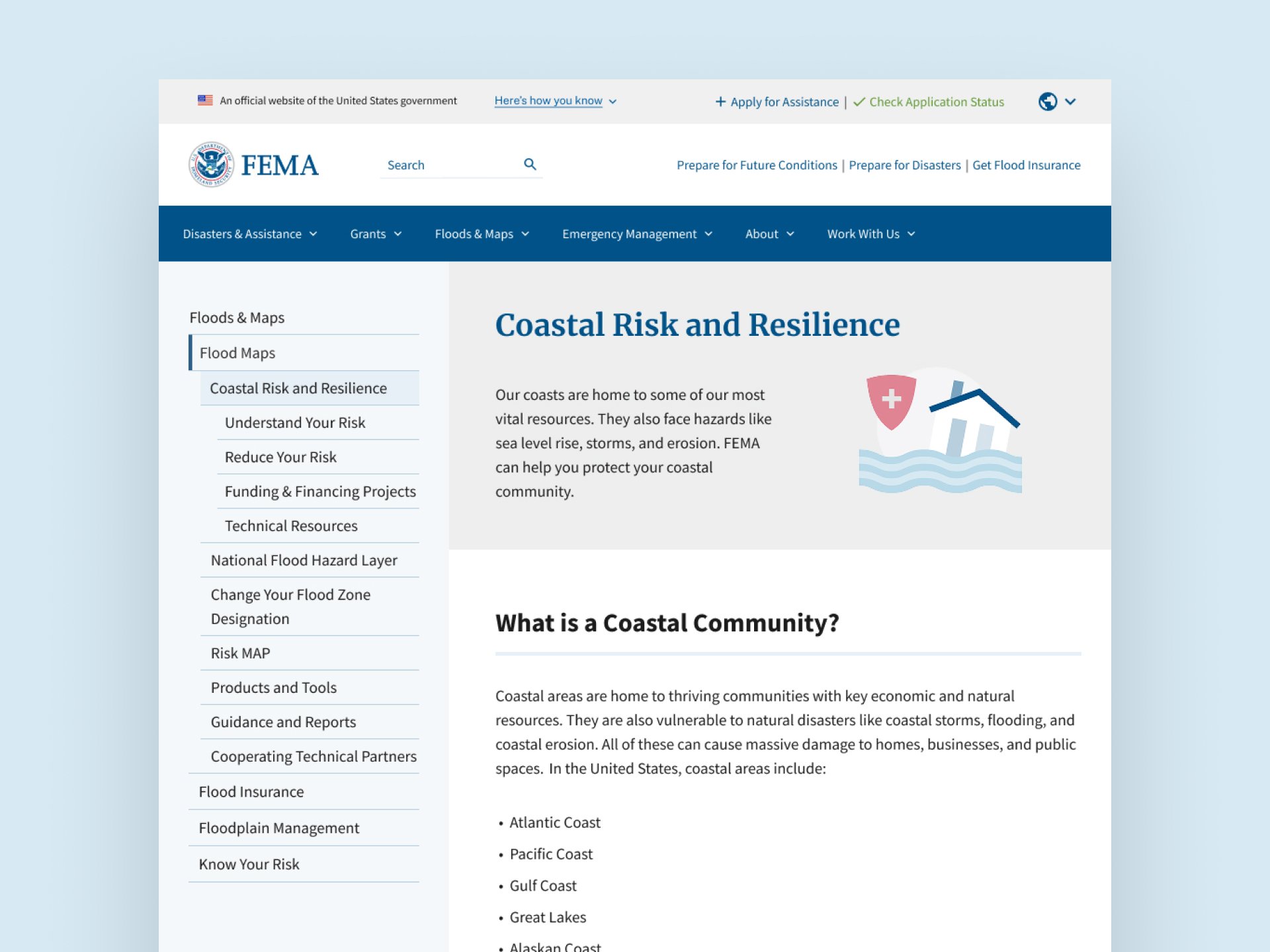 Screenshot of FEMA's website page titled 'Coastal Risk and Resilience' explaining coastal communities and risks.