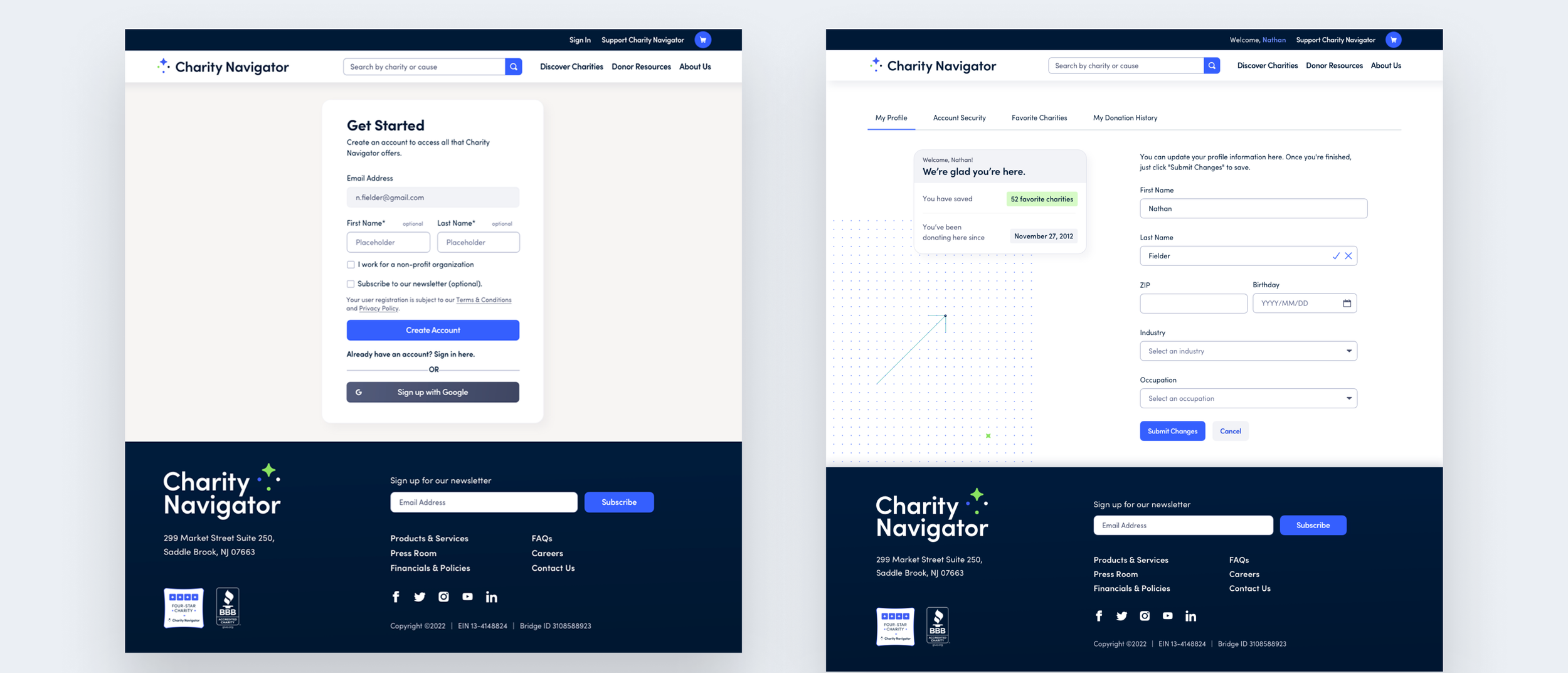Screenshots of a charity donation website called Charity Navigator, showing user profile pages and account creation forms with fields for personal information, donation history, and charity preferences.