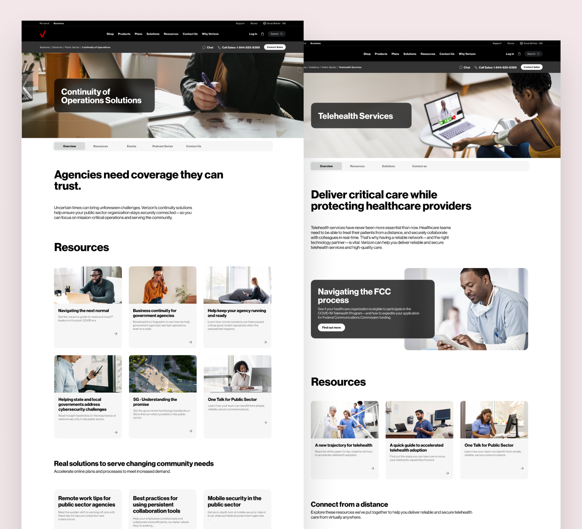 Screenshots of two website pages related to continuity of operations solutions and telehealth services. The pages feature images of professionals and healthcare workers, with headlines about resources, solutions, and supporting community needs.