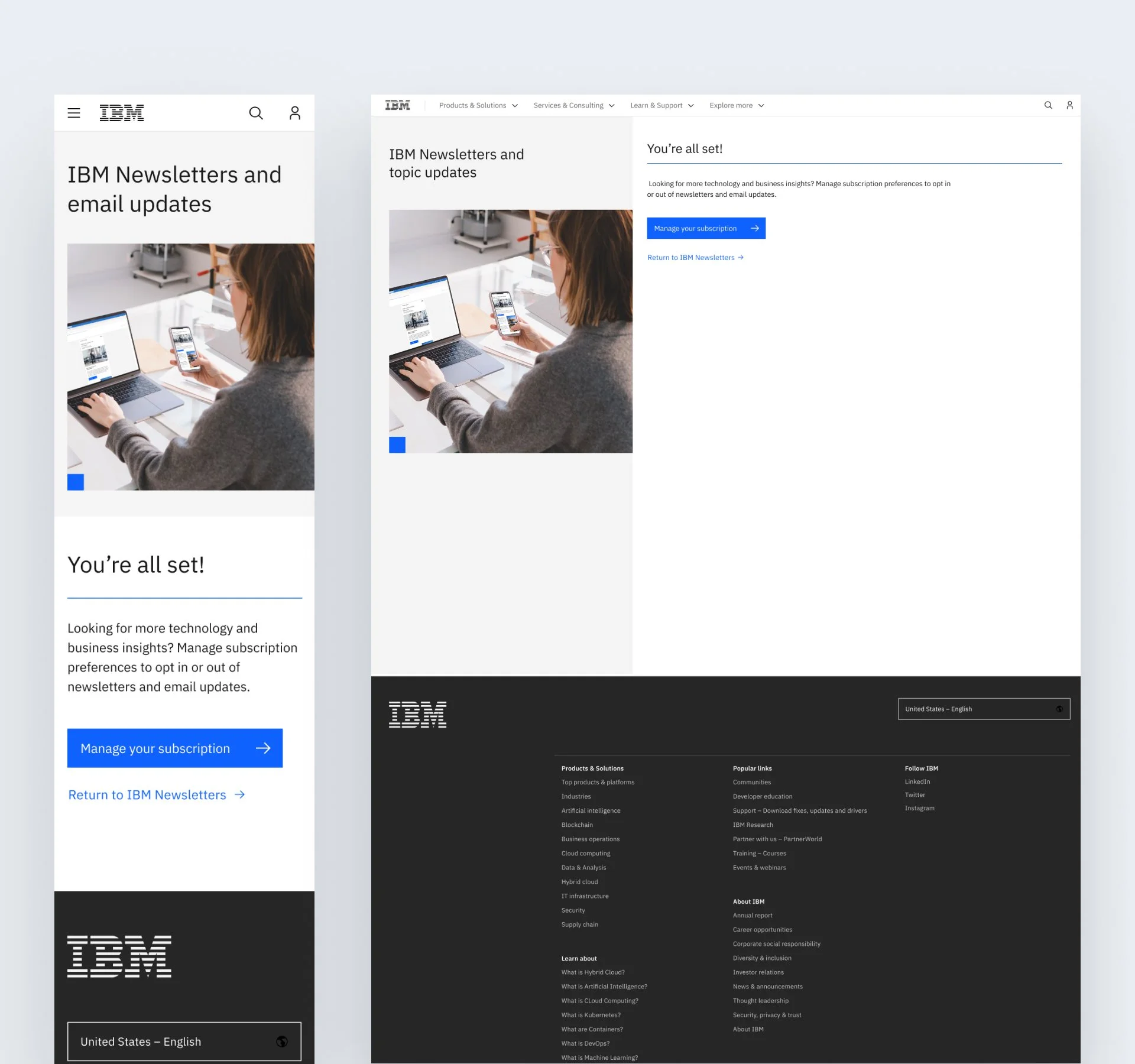 Screenshots of the IBM website showing newsletter subscription management pages with a woman using a laptop and smartphone, and the website footer with links to products, solutions, and company info.