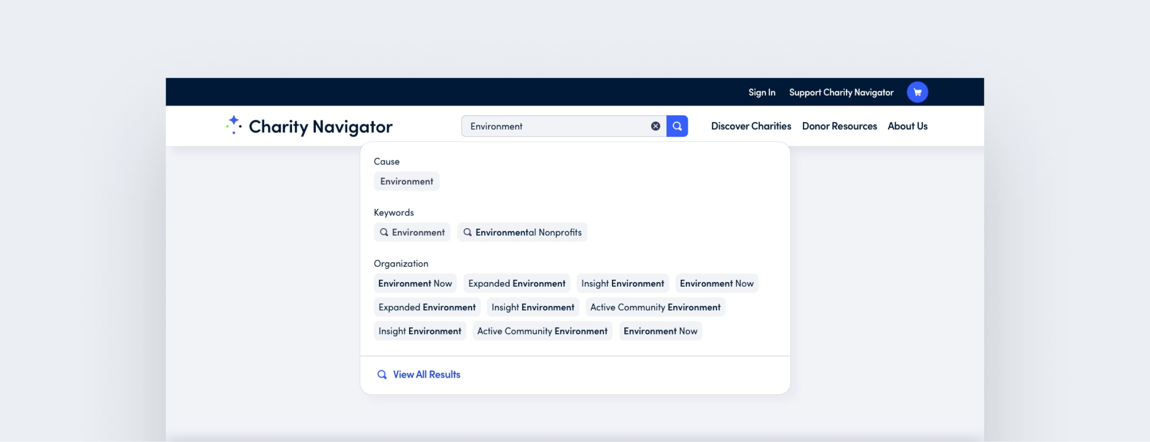 Screenshot of Charity Navigator webpage with search results for 'Environment' cause, showing related keywords and organization options.