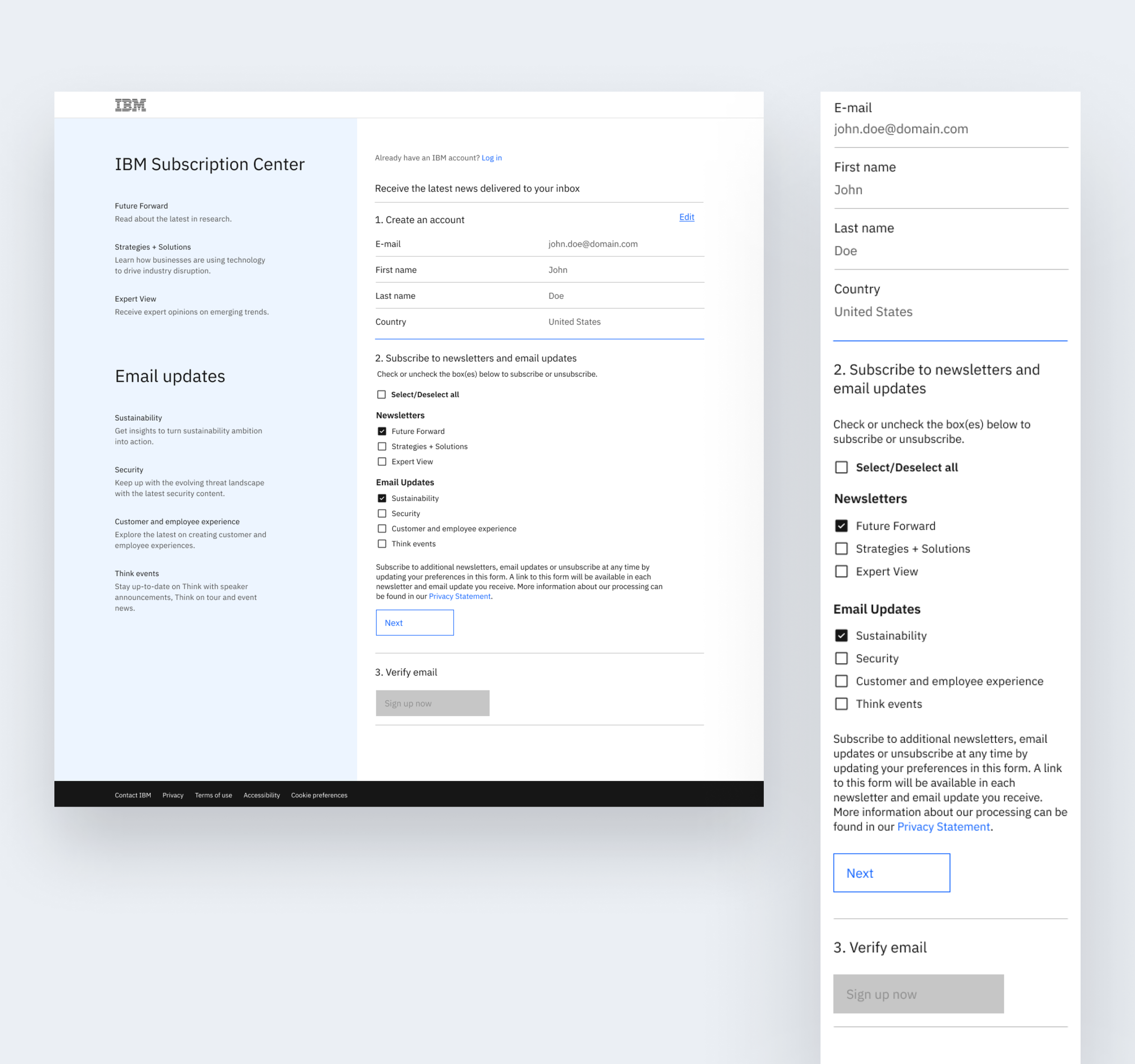 Screenshot of IBM subscription center webpage with account creation and newsletter subscription options.