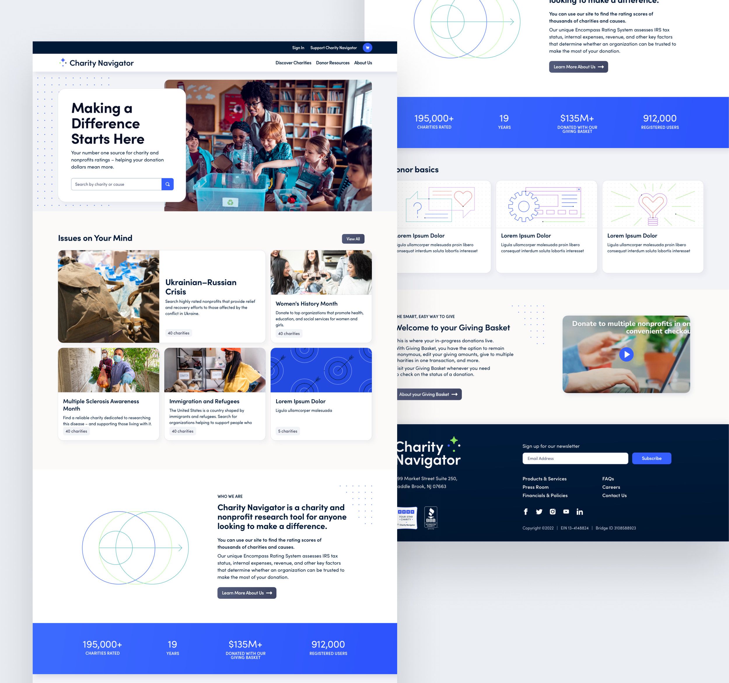 A computer screenshot of Charity Navigator's website displaying a homepage with a header menu, a large central image of children in a classroom, and various informational sections about charity ratings, issues, and donation statistics, with a blue and white color scheme.