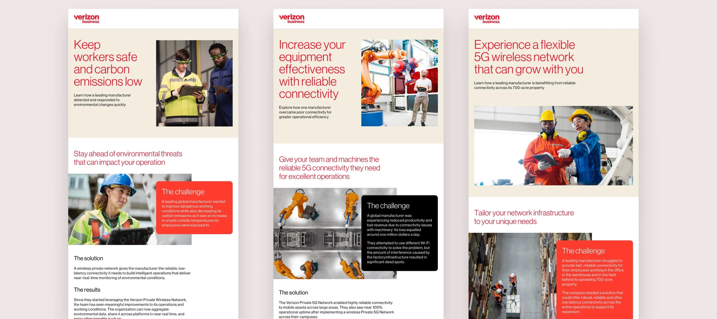 Three panels of a Verizon business brochure highlighting network solutions for industrial and corporate environments, including images of workers and machinery.