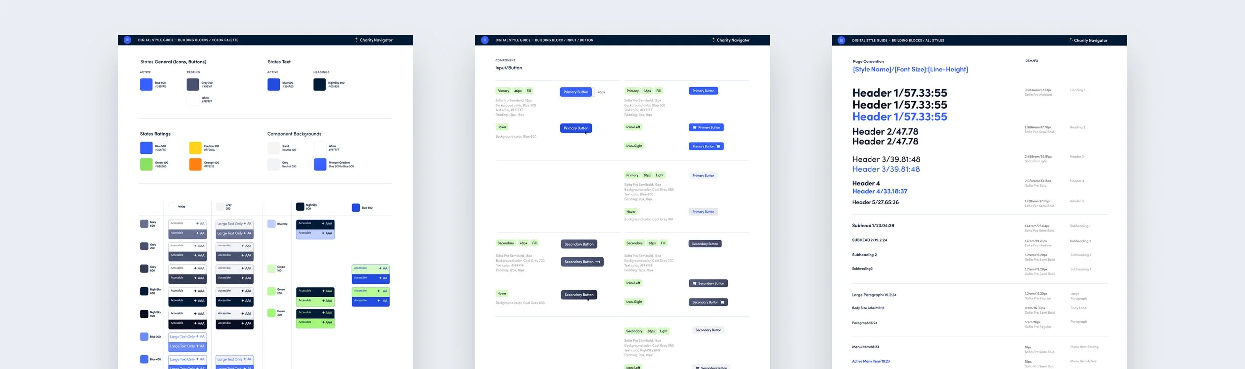 Three pages of a digital style guide with color palettes, button styles, page conventions, and section headers in various shades of blue, green, gray, orange, and black.