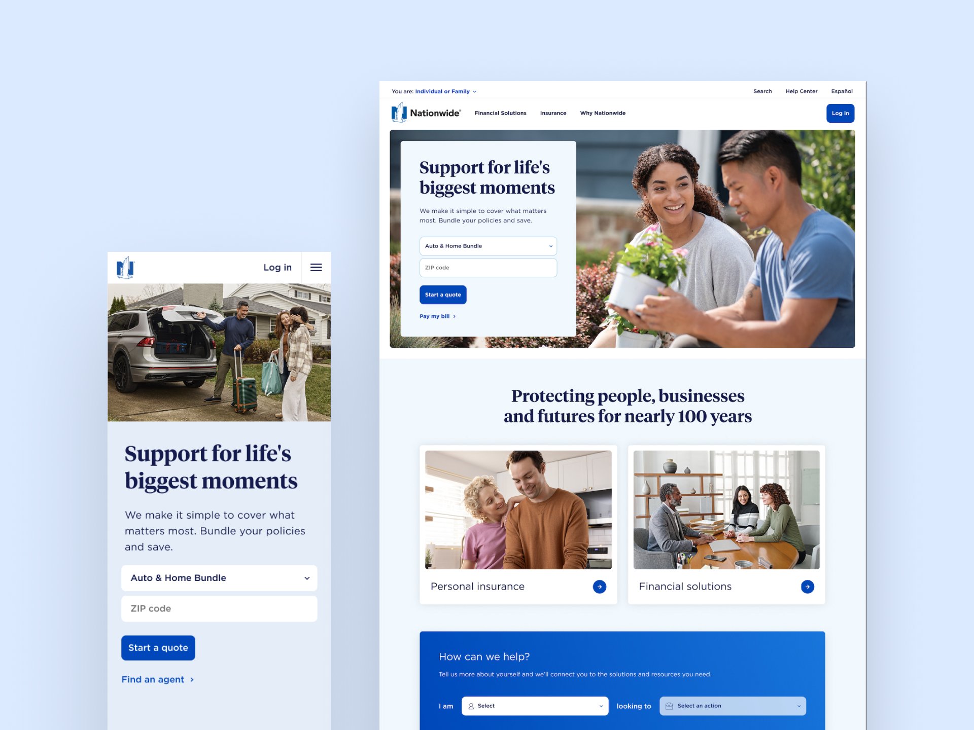 Screenshots of Nationwide insurance website homepage and mobile app, featuring people engaging in various activities such as a couple at a house, a person planting flowers, and a family at a table, with text about insurance and financial solutions.