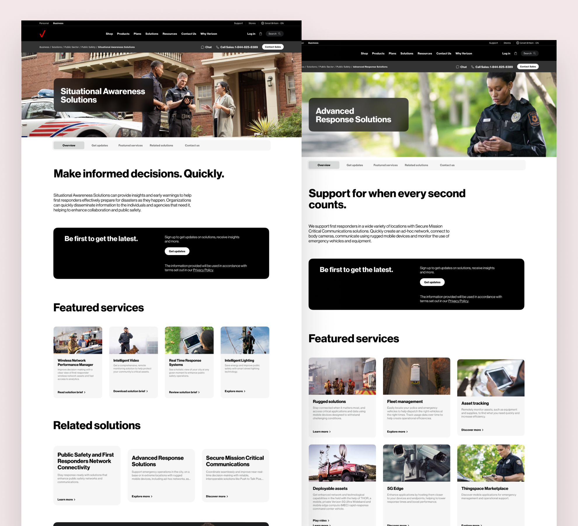 Screenshots of two webpage designs for Verizon website, showcasing solutions for public safety and advanced response, with images of police officers and emergency vehicles.
