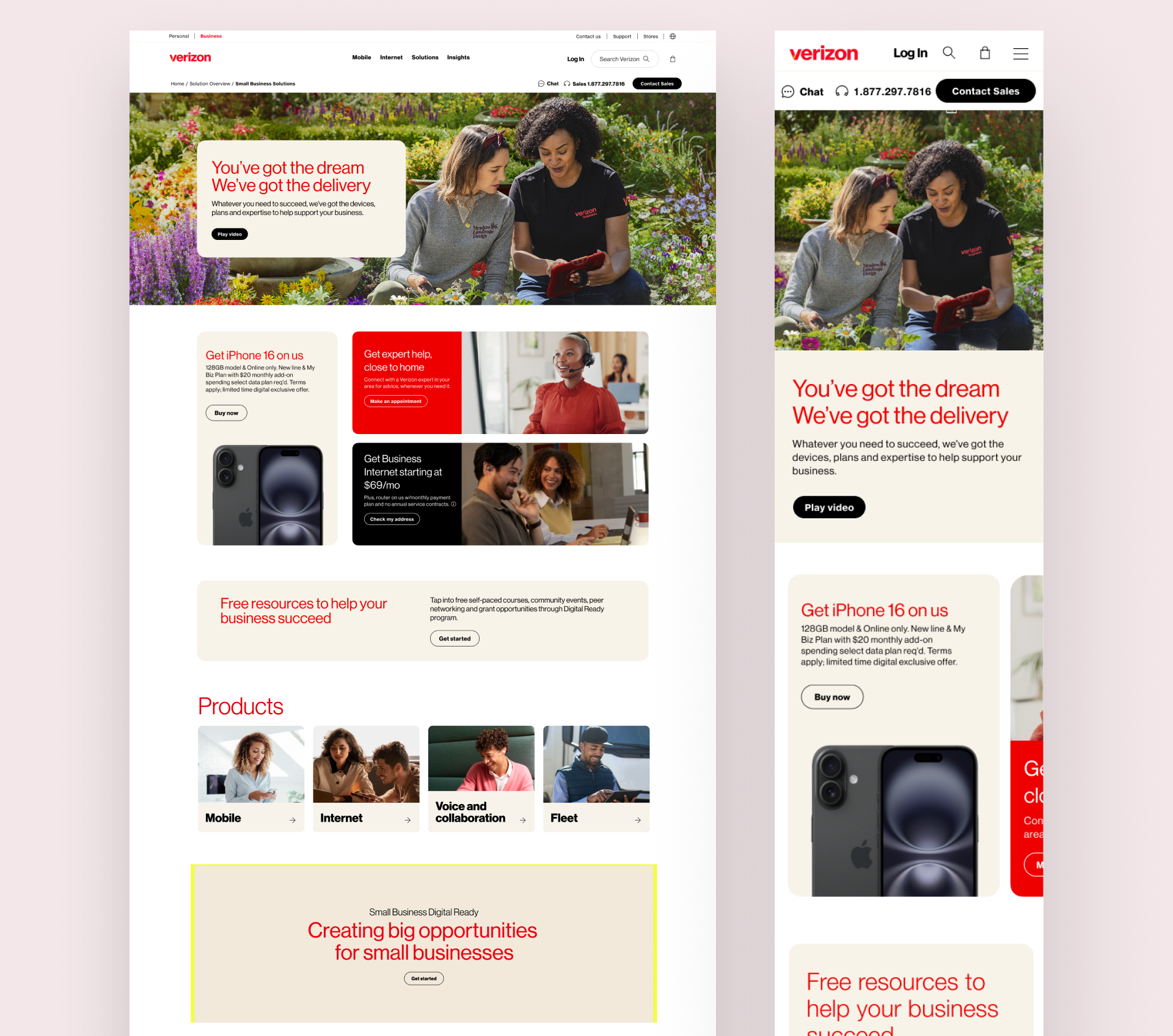 Screenshots of two similar Verizon webpage designs featuring a garden setting with two women, one dressed casually and the other in a Verizon T-shirt, sitting outdoors with vibrant flowers, and additional website content below including product advertisements and service options.