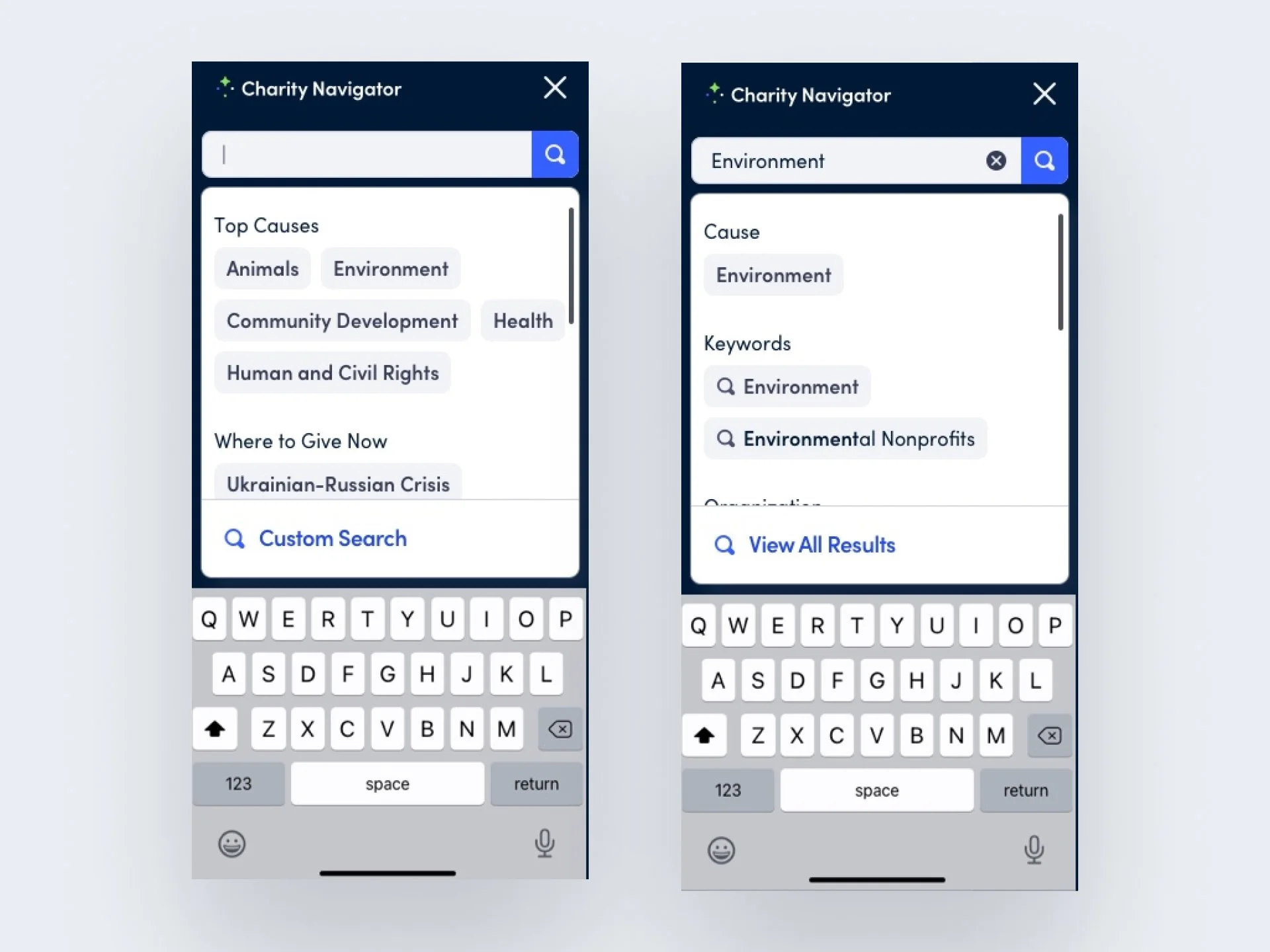 Screenshots of a mobile app called Charity Navigator showing search interface with keywords related to causes like Animals, Environment, Community Development, Health, and Human and Civil Rights. The interface has a search bar, a keyboard, and options to view results.
