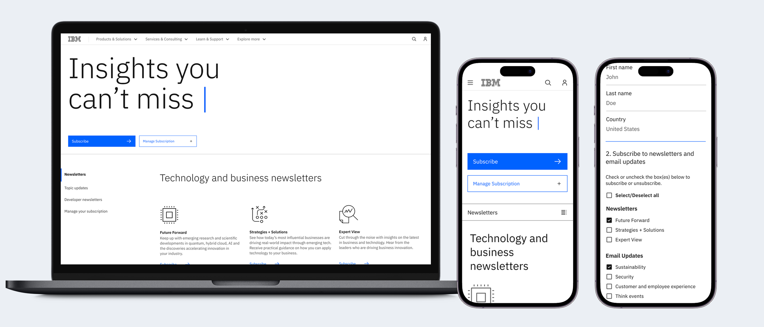 Laptop and two smartphones displaying IBM newsletter subscription pages with forms for signing up to newsletters and managing subscriptions.