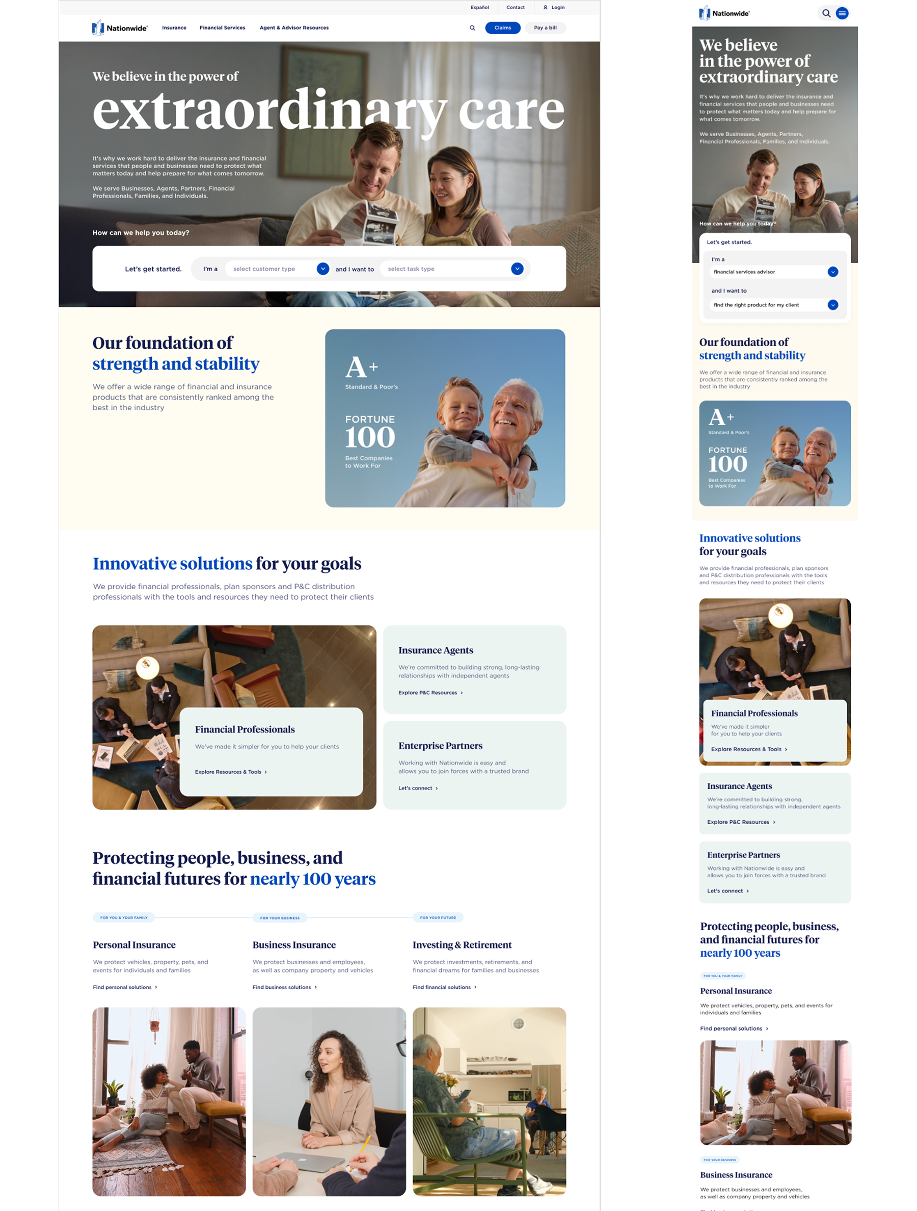 Screenshot of Forward website homepage showing a family of three on a couch, text about extraordinary care, and sections on financial products and services.