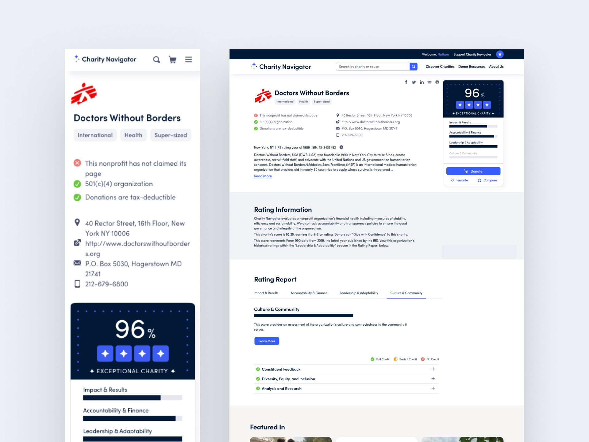 Screenshot of a charity organization webpage for Doctors Without Borders, showing the organization's logo, description, rating, and donation options.