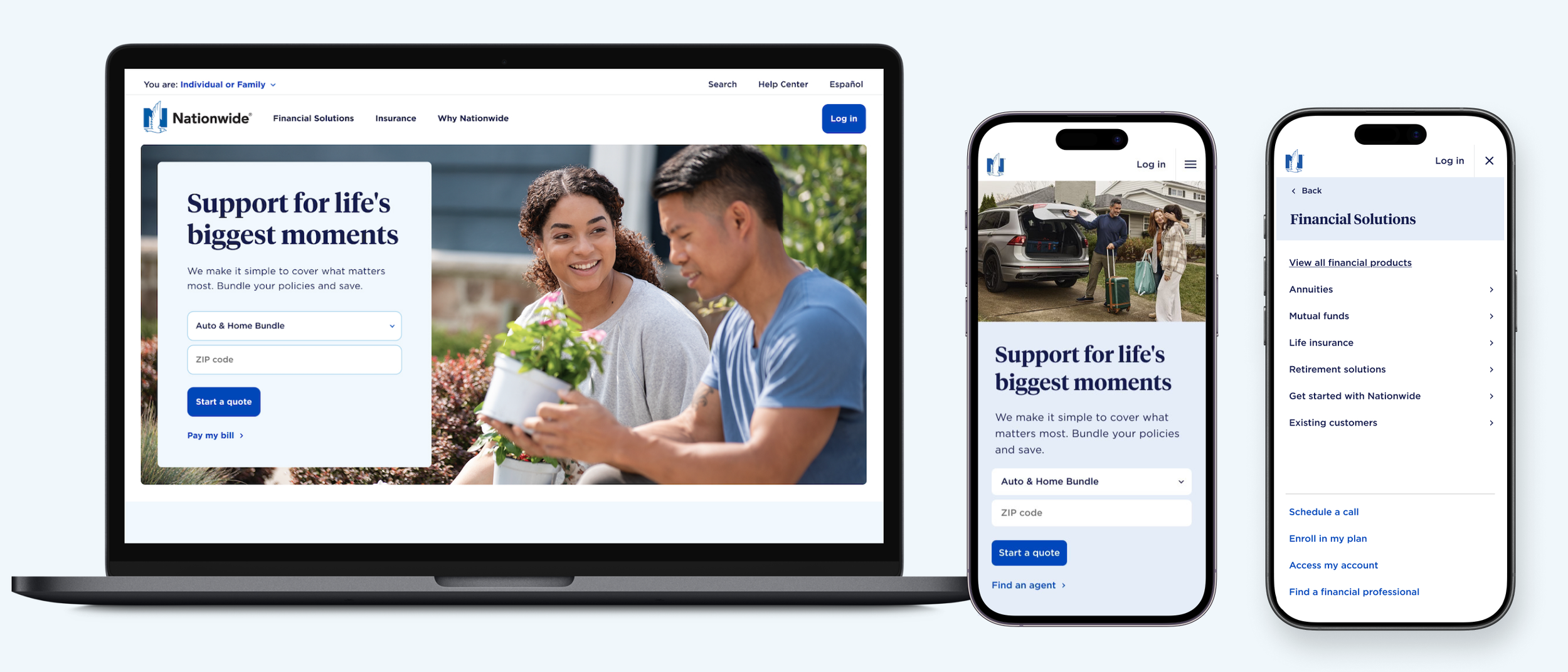 Screenshots of Nationwide financial services website displayed on a laptop and two smartphones showing the homepage, mobile menu, and financial solutions menu.
