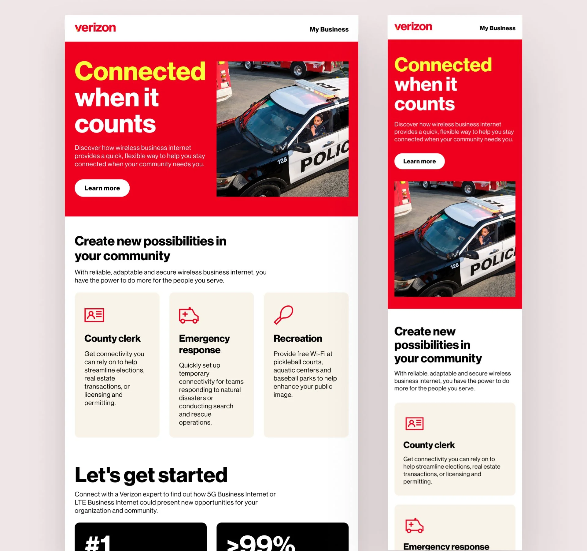 A digital flyer from Verizon promoting wireless internet for business, showing a police car with a person inside talking on a phone, with bold yellow and white text on a red background.