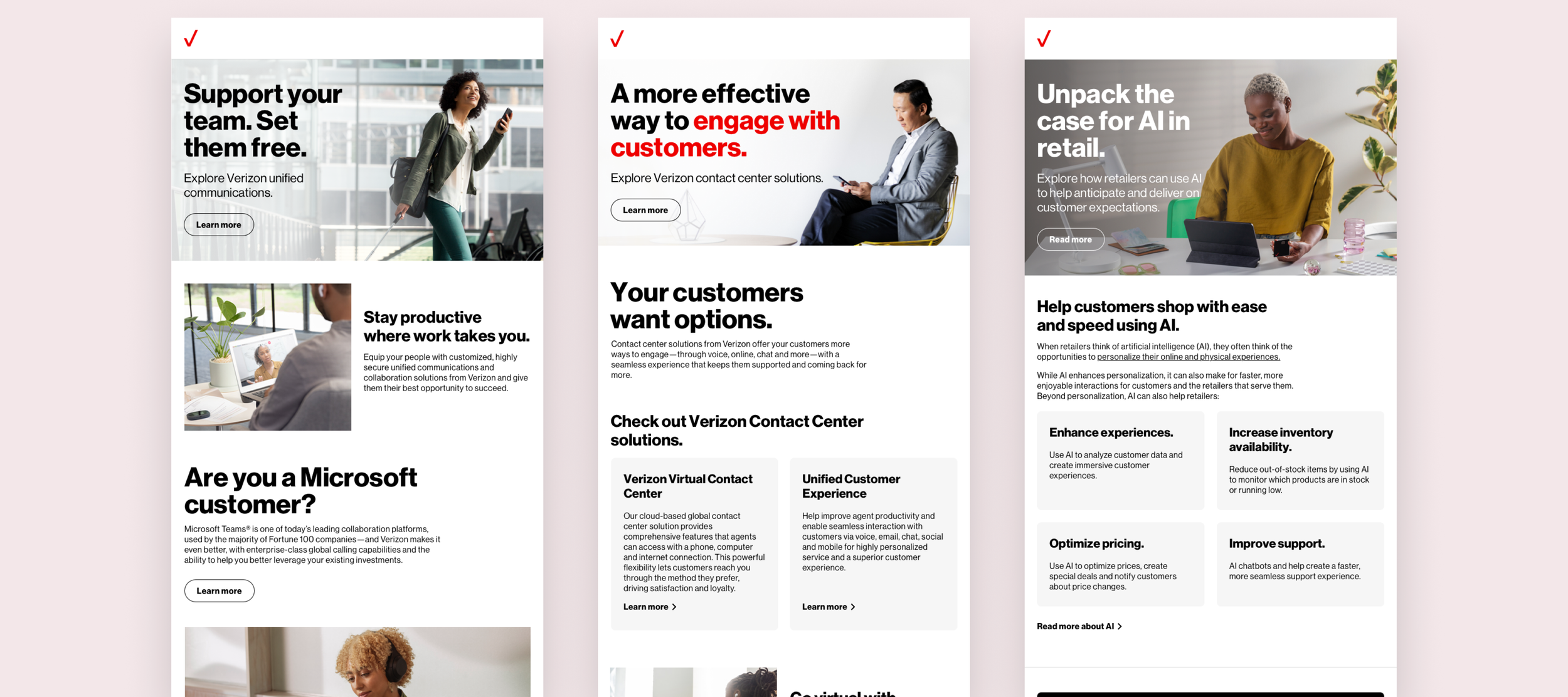 Three Verizon webpage screen captures highlighting business solutions, customer engagement, and AI support, with diverse individuals using technology.