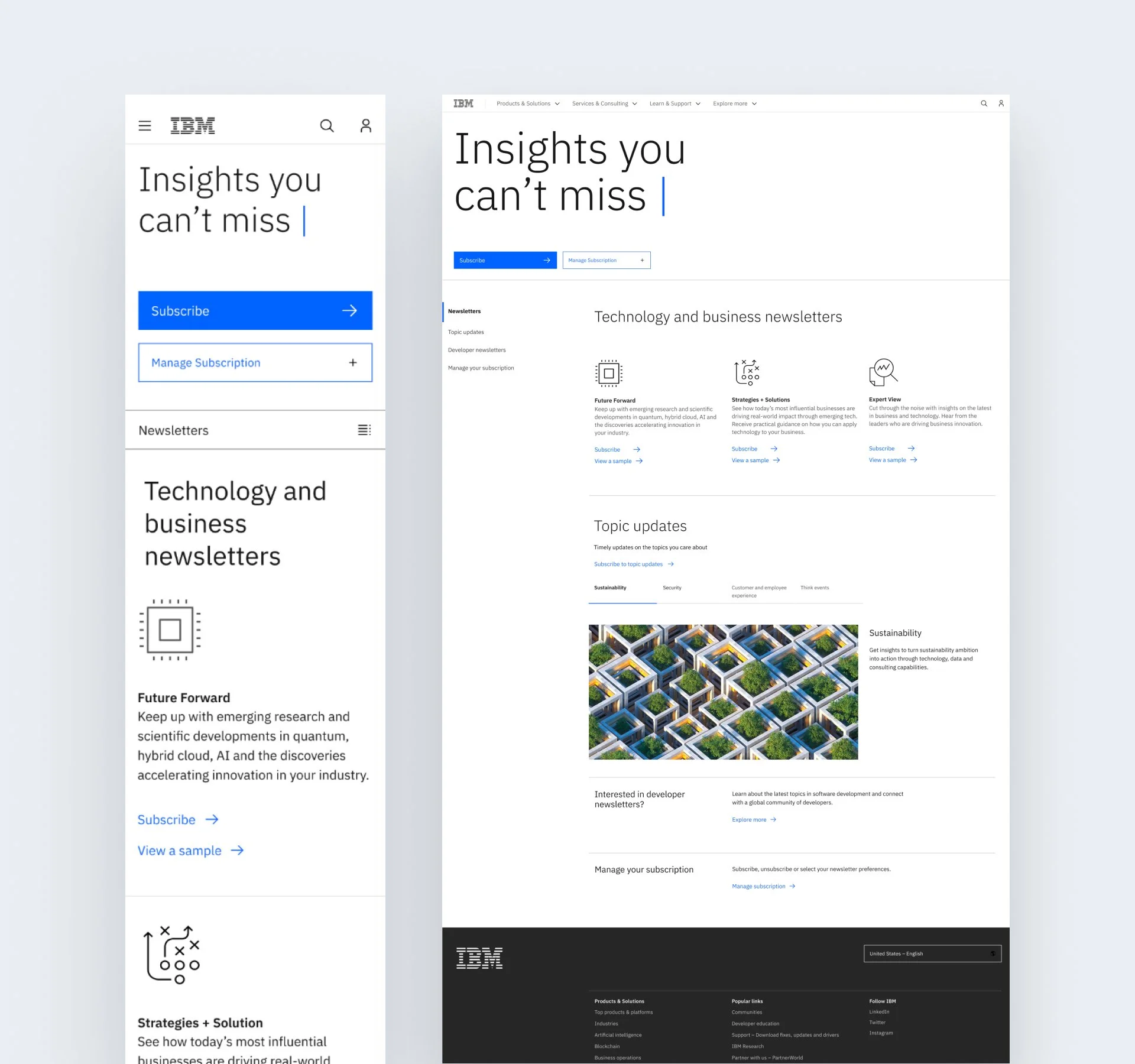 Screenshots of IBM subscription webpage with header, search icon, and subscription options on mobile and desktop views.