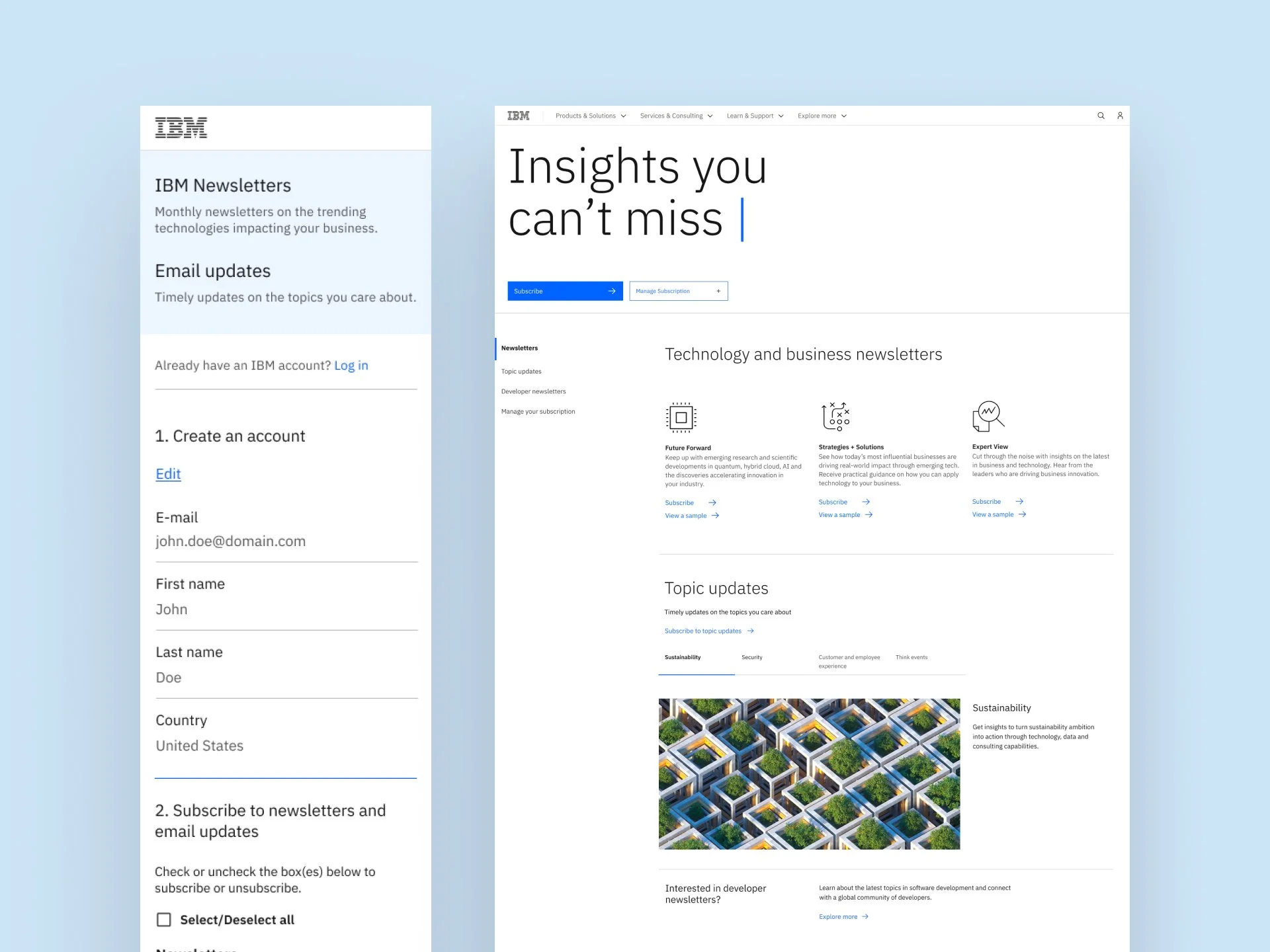 Screenshot of IBM newsletters webpage with article titled 'Insights you can't miss' and a background image of an abstract architectural design with greenery.